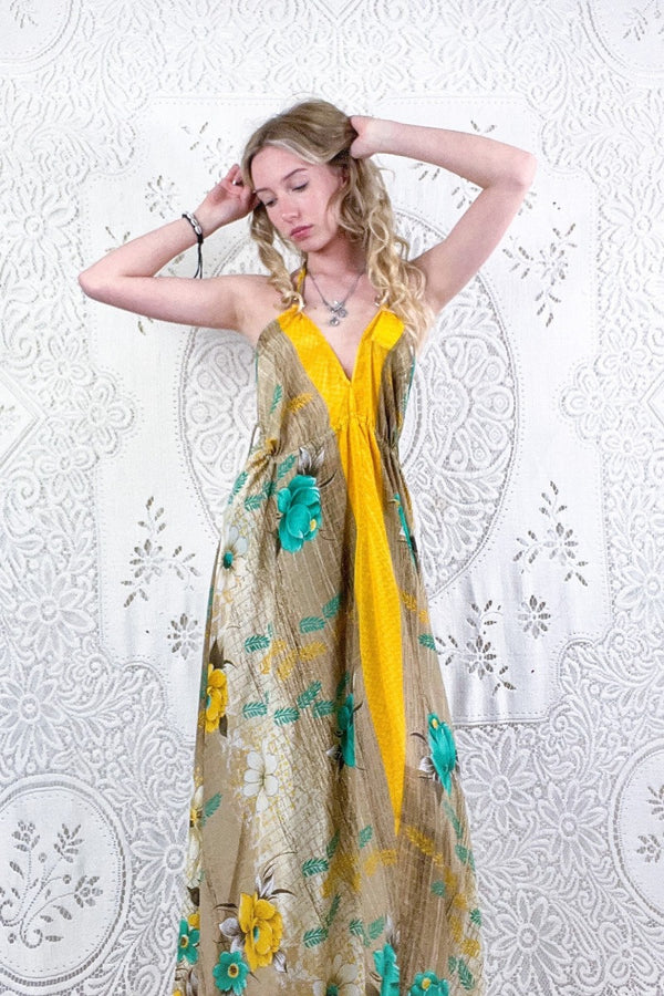 Eden Halter Maxi Dress - Vintage Sari - Lemon Yellow & Turquoise Tropical Floral - Free Size S/M