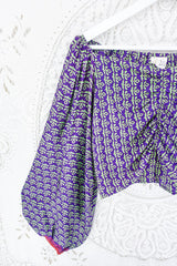 Ariel Top - Vintage Indian Sari - Plum Purple & Lime Motif - Free Size S - M/L By All About Audrey