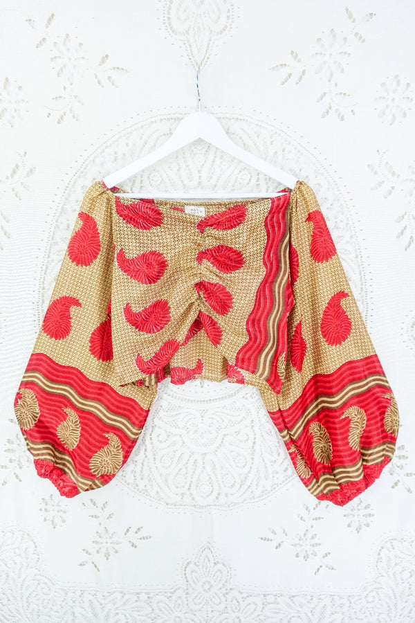 Ariel Top - Vintage Indian Sari - Scarlet & Gold Paisley - Free Size S - M/L By All About Audrey