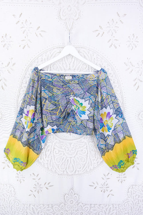 Our gorgeous Ariel top with sweet heart neck line and ruched chest.  tones of slate grey and sunshine yellow.