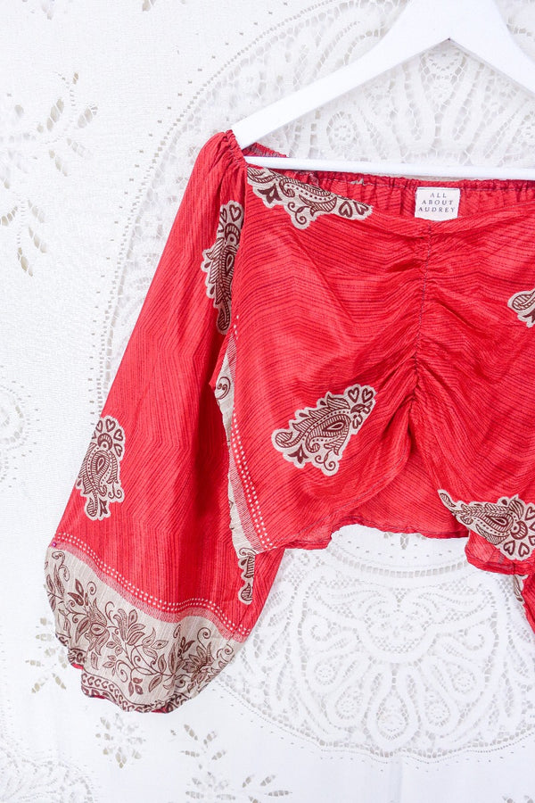 Ariel Top - Vintage Indian Sari - Chili Red Paisley Motif - Free Size S - M/L By All About Audrey