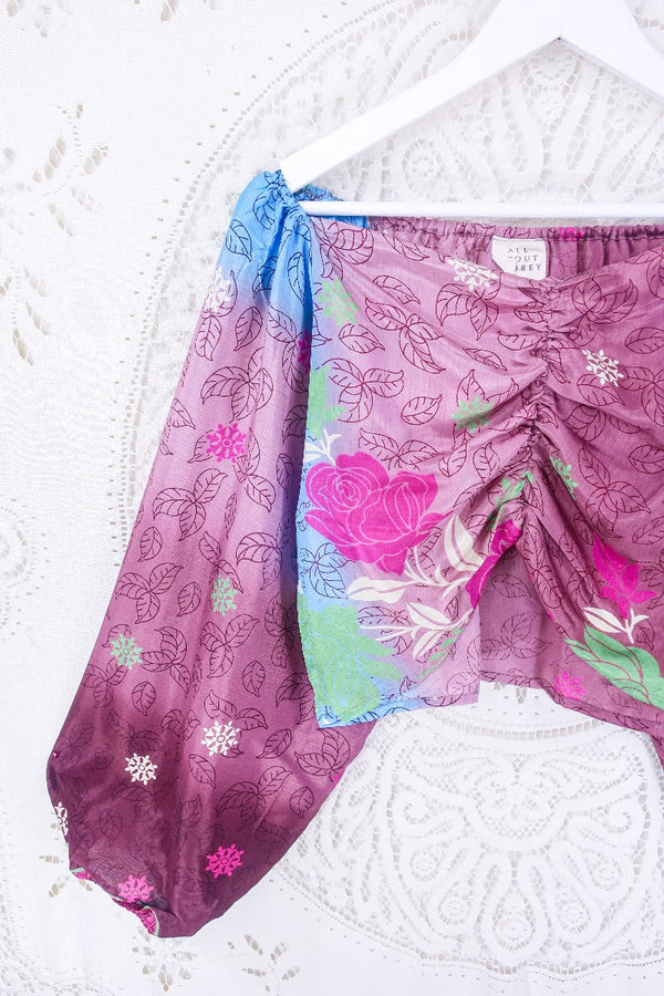 Ariel Top - Vintage Indian Sari - Sangria & Sky Leaf Print - Free Size S - M/L By All About Audrey