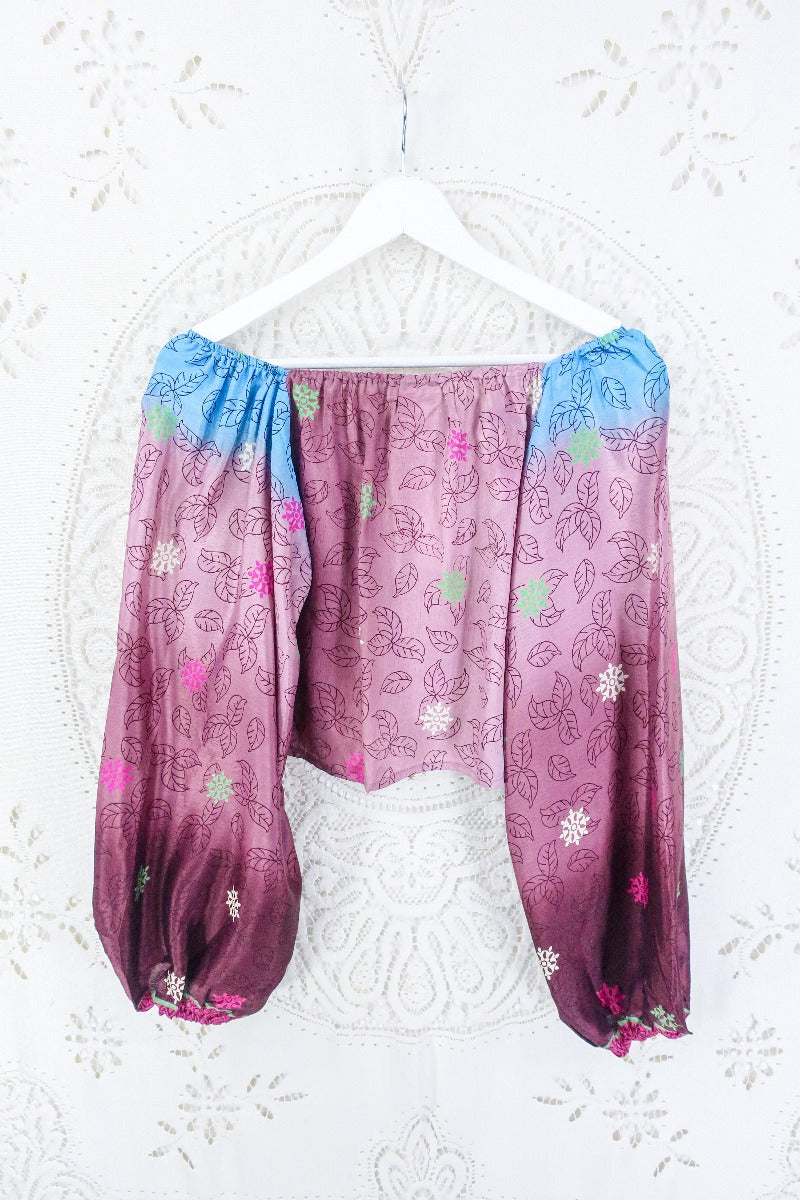 Ariel Top - Vintage Indian Sari - Sangria & Sky Leaf Print - Free Size S - M/L By All About Audrey