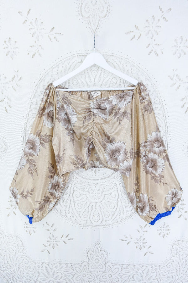 Ariel Top - Vintage Indian Sari - Sunglow Beige Taupe Floral - Free Size S - M/L By All About Audrey