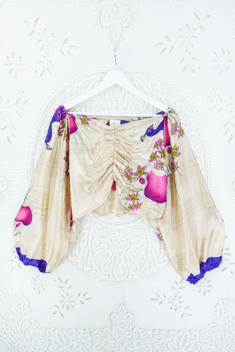 Ariel Top - Vintage Indian Sari - Champagne & Pink Peacocks - Free Size S - M/L By All About Audrey