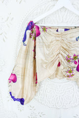 Ariel Top - Vintage Indian Sari - Champagne & Pink Peacocks - Free Size S - M/L By All About Audrey