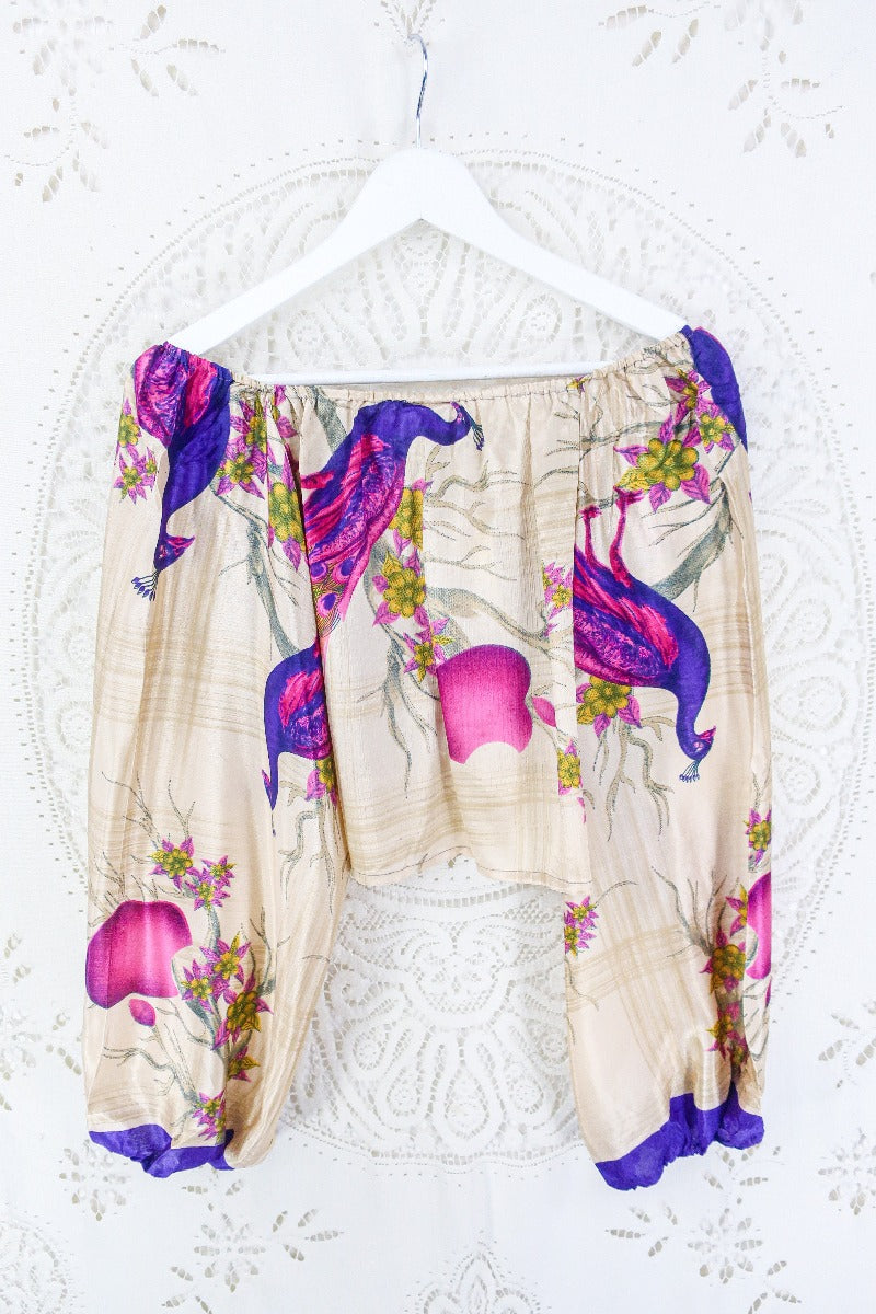 Ariel Top - Vintage Indian Sari - Champagne & Pink Peacocks - Free Size S - M/L By All About Audrey