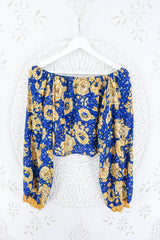 Ariel Top - Vintage Indian Sari - Cobalt Blue & Buttercup Rose Print - Free Size S - M/L By All About Audrey