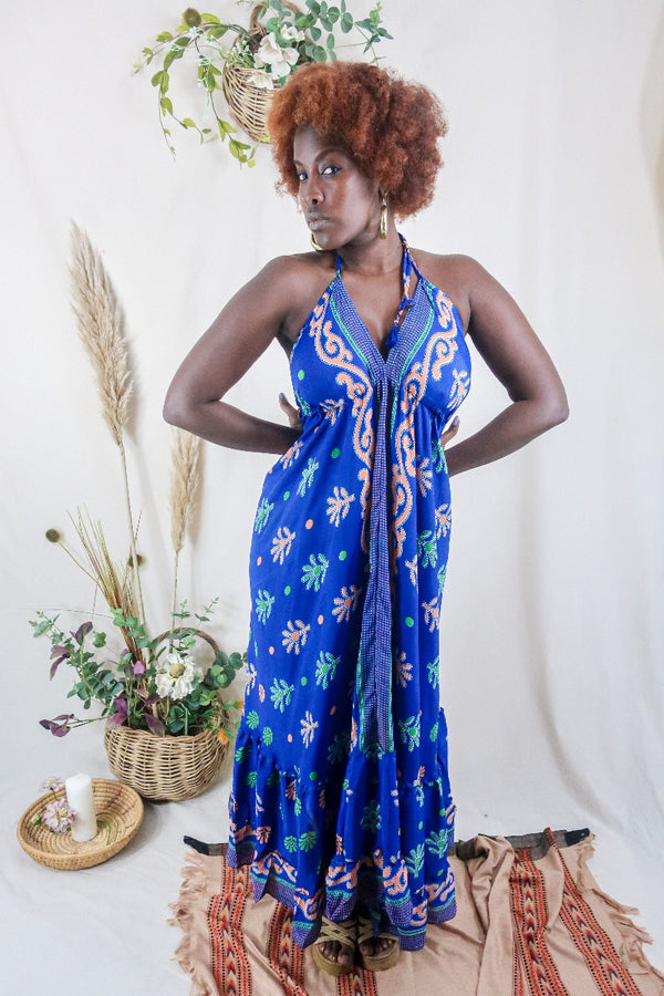 Peacock Feather Bohemian Peacock Print Maxi Dress Boho Sequin Maxi Dress: Embroidered Vintage Indian Sari, Halterneck Peacock Feather Bohemian Peacock Print Maxi Dress Boho Sequin Maxi Dress: Embroidered Vintage Indian Sari, Halterneck