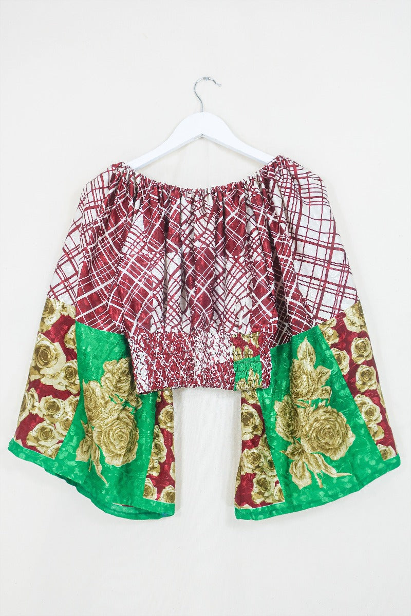 Scorpio Top - Patchwork Check Flora in Saffron and Emerald - Vintage Sari - Free Size