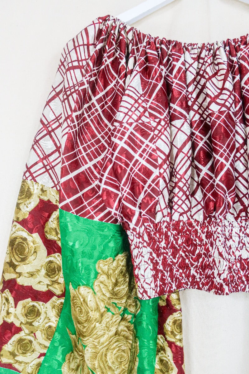 Scorpio Top - Patchwork Check Flora in Saffron and Emerald - Vintage Sari - Free Size