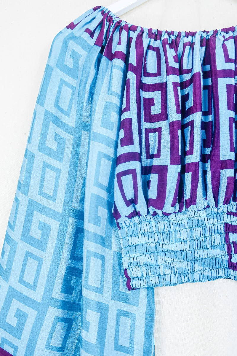 Scorpio Top - Aquamarine & Burgundy Swirl - Vintage Sari - Free Size By All About Audrey
