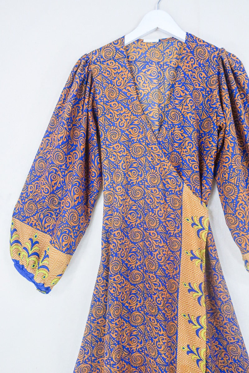 Lola Long Wrap Dress - Ginger & Indigo Psychedelic - Vintage Indian Sari - Size S/M by all about audrey