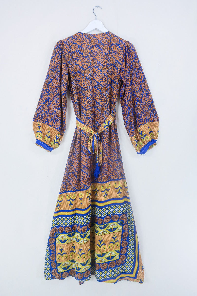 Lola Long Wrap Dress - Ginger & Indigo Psychedelic - Vintage Indian Sari - Size S/M by all about audrey