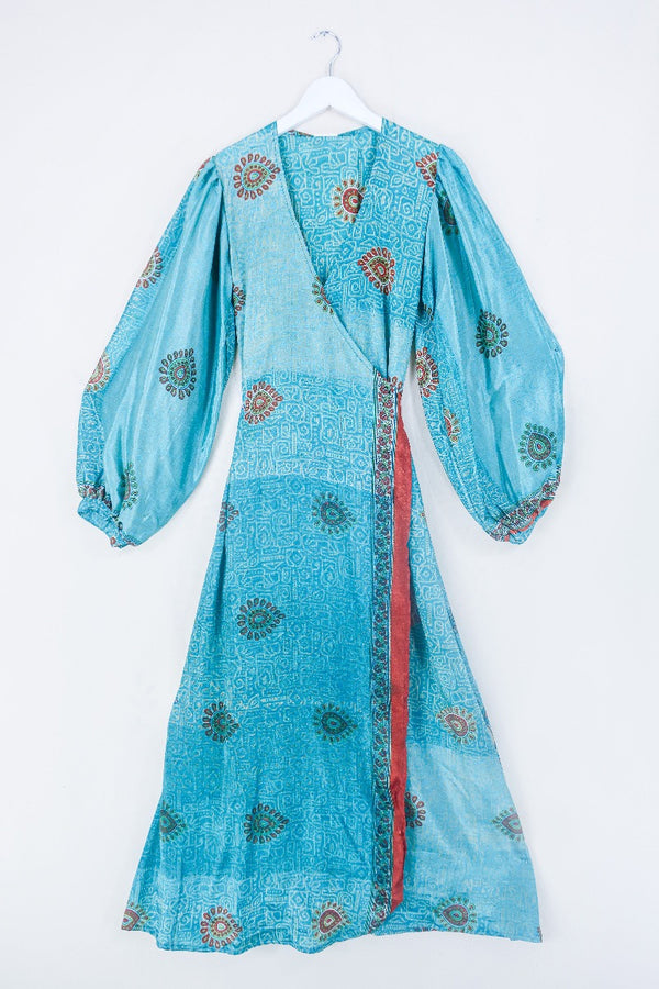 Lola Long Wrap Dress - Sky Blue & Bronze Paisley - Vintage Indian Sari - Size S/M by all about audrey