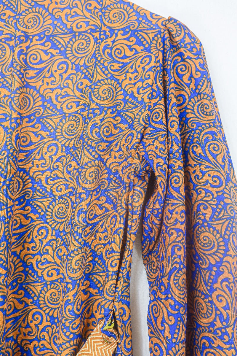 Lola Long Wrap Dress - Ginger & Indigo Psychedelic - Vintage Indian Sari - Size S/M by all about audrey