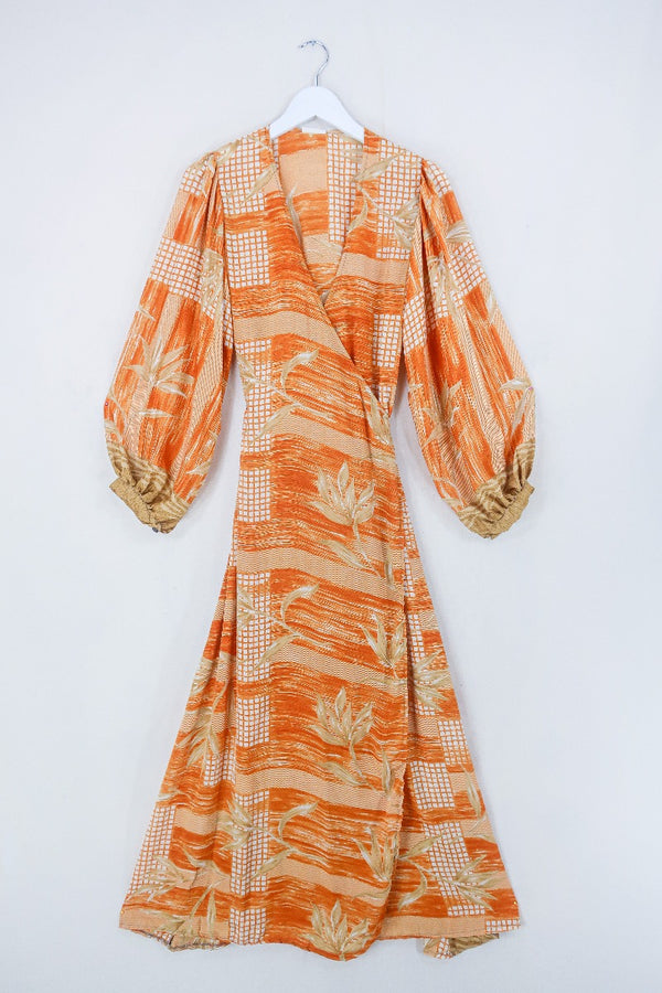 Lola Long Wrap Dress - Sunset Orange Reeds - Vintage Indian Sari - Size S/M by all about audrey