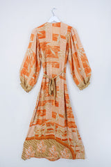 Lola Long Wrap Dress - Sunset Orange Reeds - Vintage Indian Sari - Size S/M by all about audrey