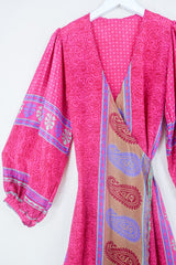 Lola Long Wrap Dress - Sunfire Pink Floral Tiles - Vintage Indian Sari - Size S/M by all about audrey