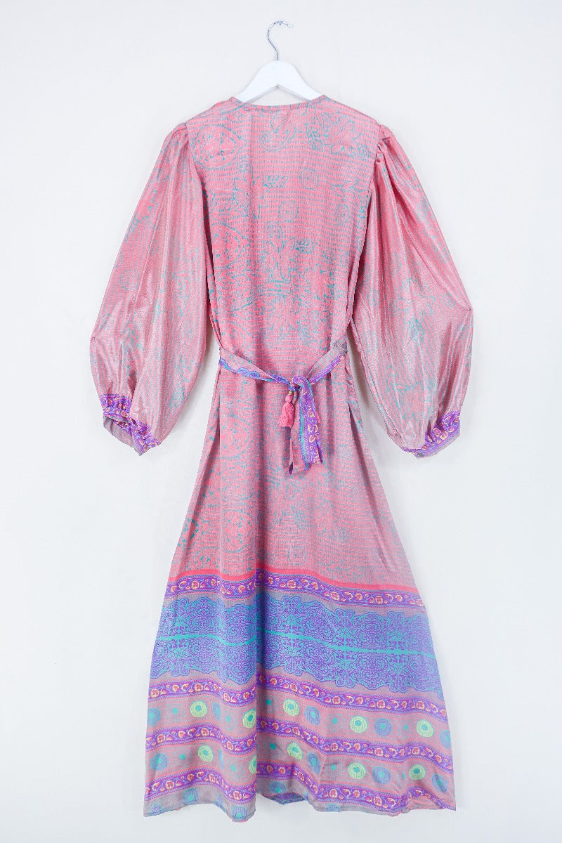 Lola Long Wrap Dress - Rouge Pink & Juniper Paisley - Vintage Indian Sari - Size L/XL by all about audrey