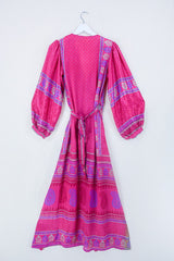 Lola Long Wrap Dress - Sunfire Pink Floral Tiles - Vintage Indian Sari - Size S/M by all about audrey
