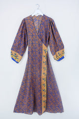 Lola Long Wrap Dress - Ginger & Indigo Psychedelic - Vintage Indian Sari - Size S/M by all about audrey