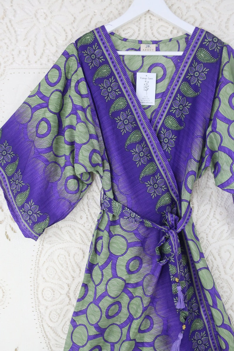 Aquaria Kimono Dress - Vintage Sari - Deep Purple & Sage Abstract Paisley - S By All About Audrey
