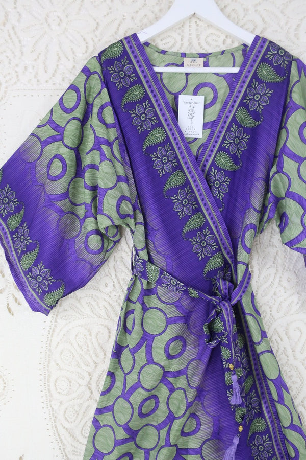 Aquaria Kimono Dress - Vintage Sari - Deep Purple & Sage Abstract Paisley - S By All About Audrey