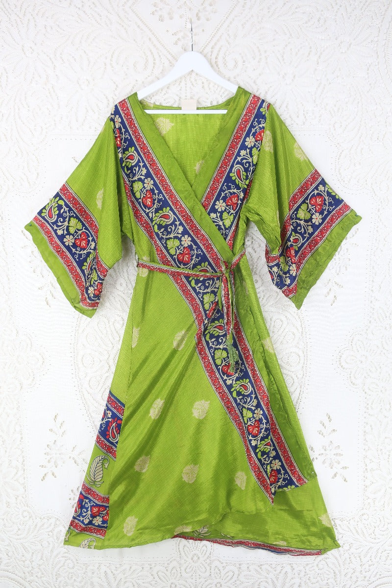 Aquaria Kimono Dress - Vintage Sari - Kiwi Green, Indigo & Red Block Print - XS By All About Audrey