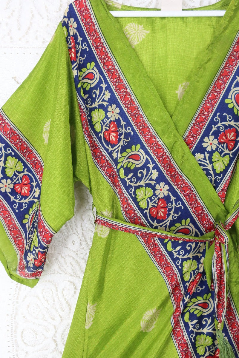 Aquaria Kimono Dress - Vintage Sari - Kiwi Green, Indigo & Red Block Print - XS By All About Audrey