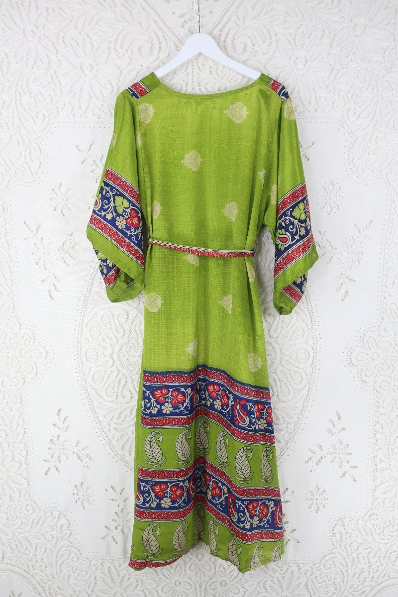 Aquaria Kimono Dress - Vintage Sari - Kiwi Green, Indigo & Red Block Print - XS By All About Audrey