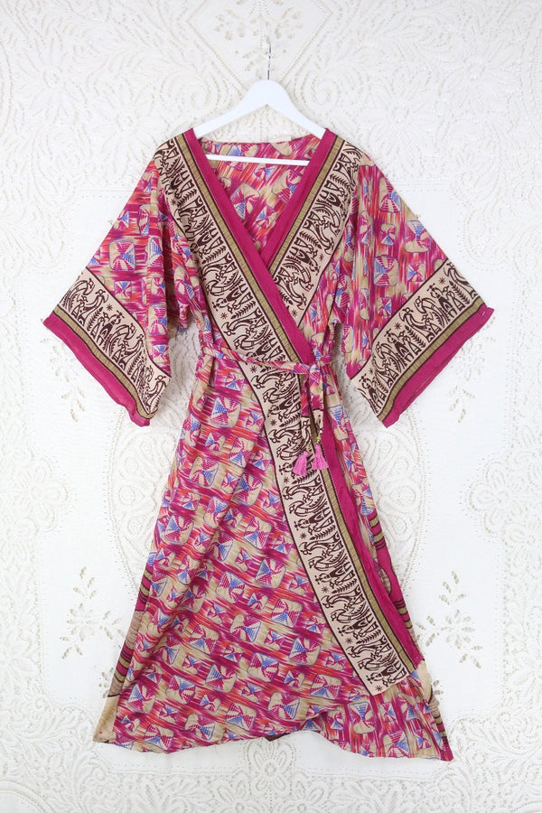 Aquaria Kimono Dress - Vintage Sari - Bright Pink Abstract Figures Print - XS By All About Audrey