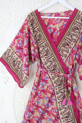 Aquaria Kimono Dress - Vintage Sari - Bright Pink Abstract Figures Print - XS By All About Audrey