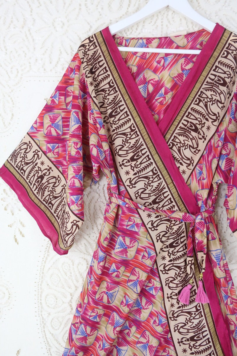 Aquaria Kimono Dress - Vintage Sari - Bright Pink Abstract Figures Print - XS By All About Audrey