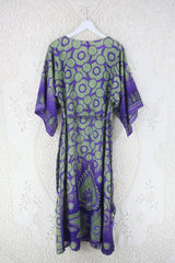 Aquaria Kimono Dress - Vintage Sari - Deep Purple & Sage Abstract Paisley - S By All About Audrey