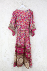 Aquaria Kimono Dress - Vintage Sari - Bright Pink Abstract Figures Print - XS By All About Audrey