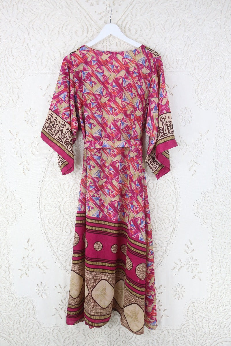 Aquaria Kimono Dress - Vintage Sari - Bright Pink Abstract Figures Print - XS By All About Audrey