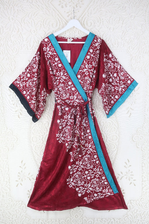 Aquaria Kimono Dress - Vintage Sari - Ruby Antique Wallpaper Floral Jacquard - Size M/L by all about audrey