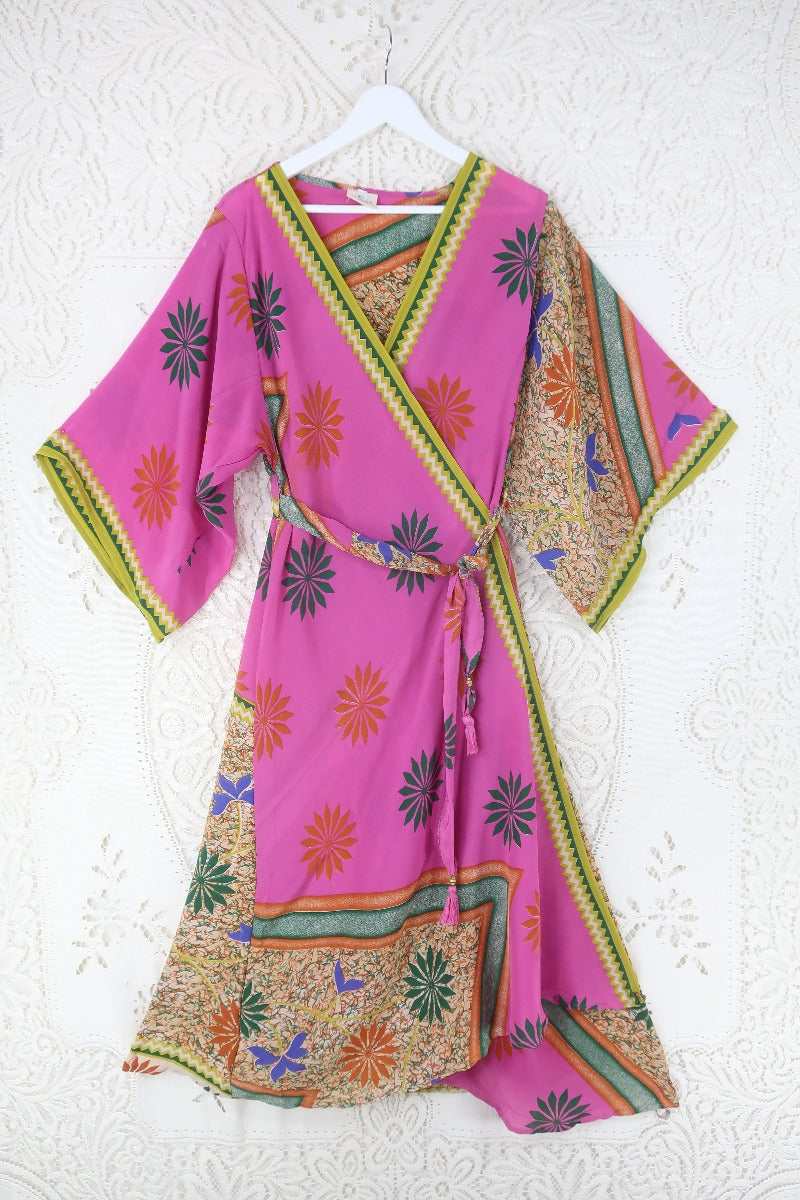 Aquaria Kimono Dress - Vintage Sari - Spicy Pink & Lime Abstract Floral - Size S/M By All About Audrey