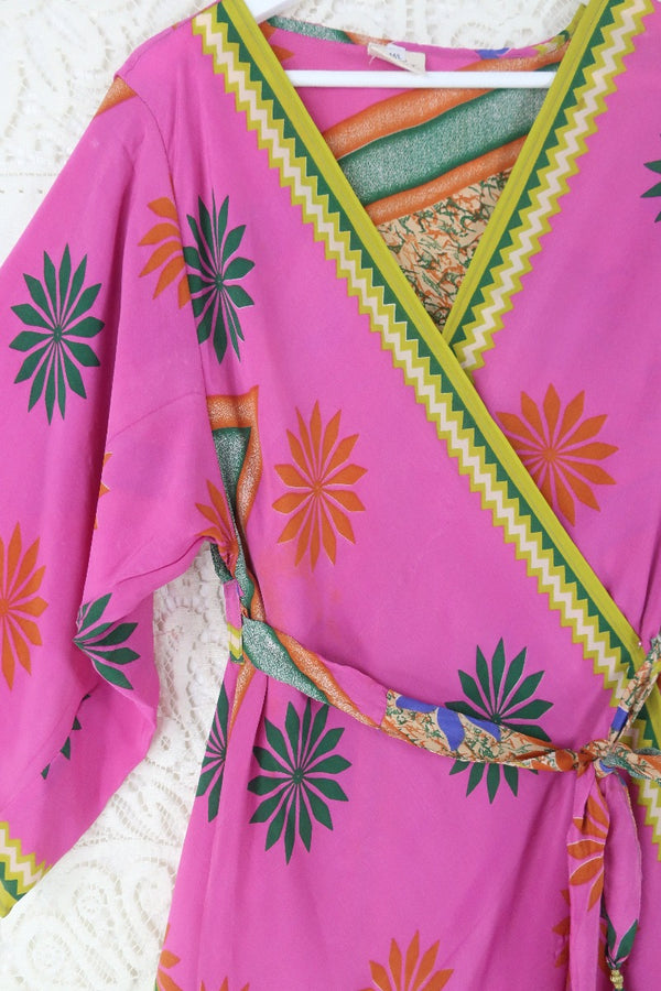 Aquaria Kimono Dress - Vintage Sari - Spicy Pink & Lime Abstract Floral - Size S/M By All About Audrey
