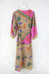 Aquaria Kimono Dress - Vintage Sari - Spicy Pink & Lime Abstract Floral - Size S/M By All About Audrey