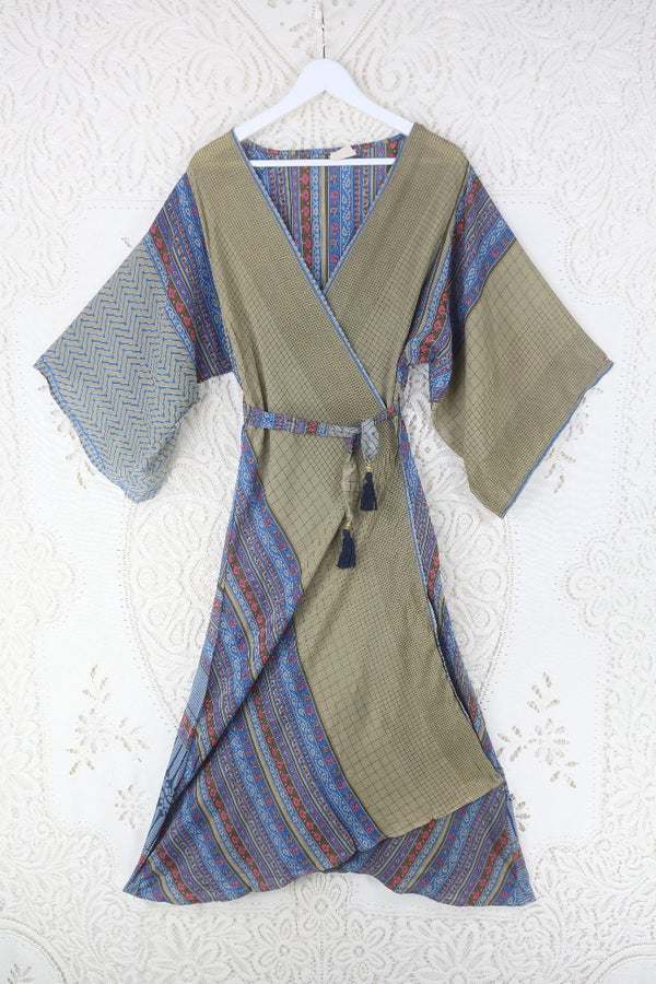 Aquaria Kimono Dress - Vintage Sari - Cornflower Blue, Oat & Pink Geometric - XS By All About Audrey