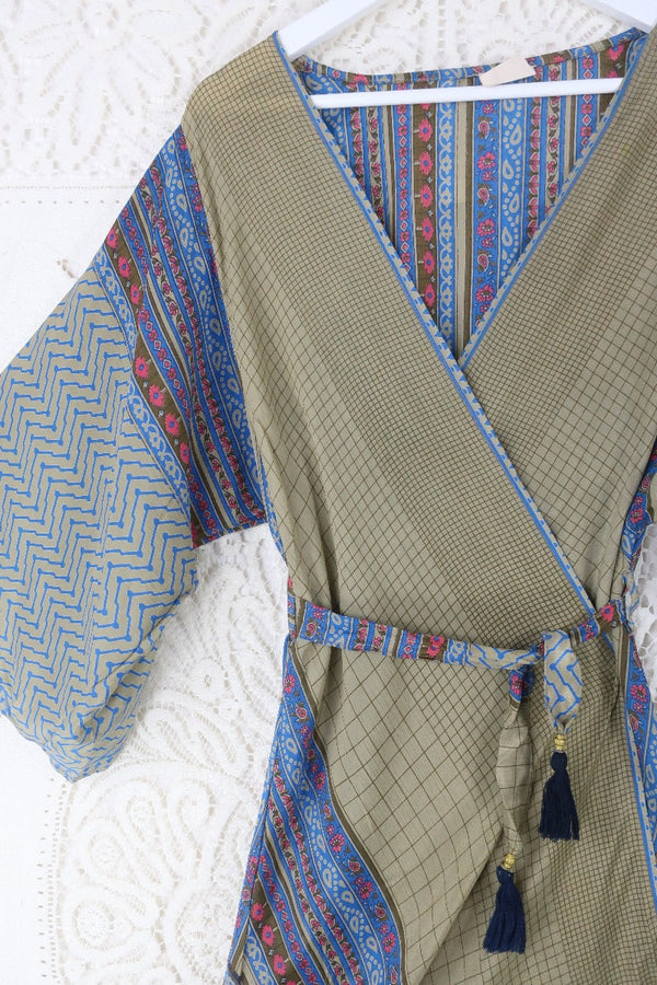 Aquaria Kimono Dress - Vintage Sari - Cornflower Blue, Oat & Pink Geometric - XS By All About Audrey