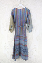 Aquaria Kimono Dress - Vintage Sari - Cornflower Blue, Oat & Pink Geometric - XS By All About Audrey