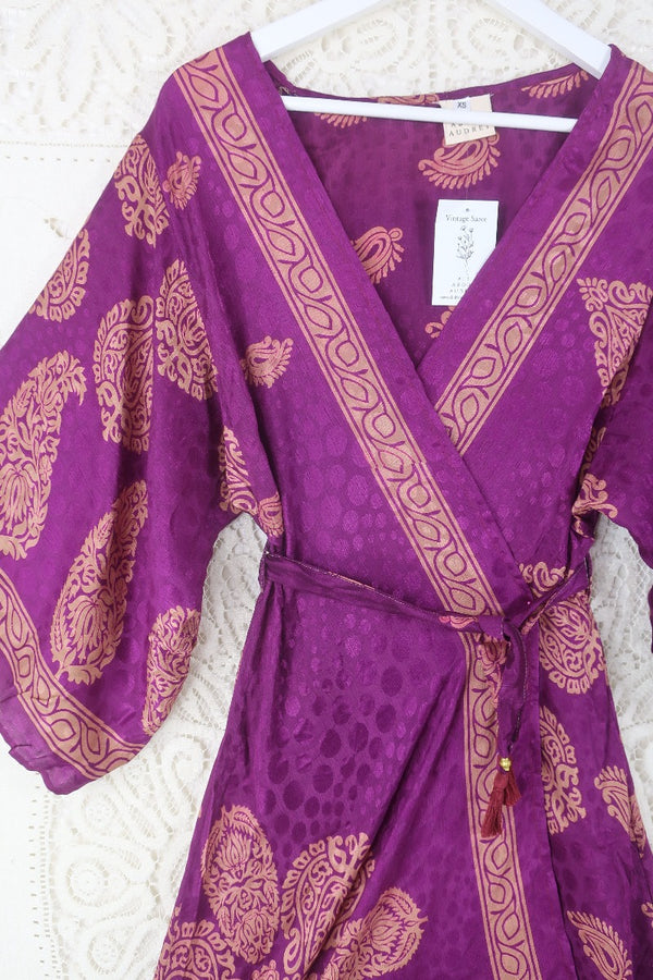 Aquaria Kimono Dress - Vintage Sari - Bright Mulberry Paisley Motif - XS By All About Audrey