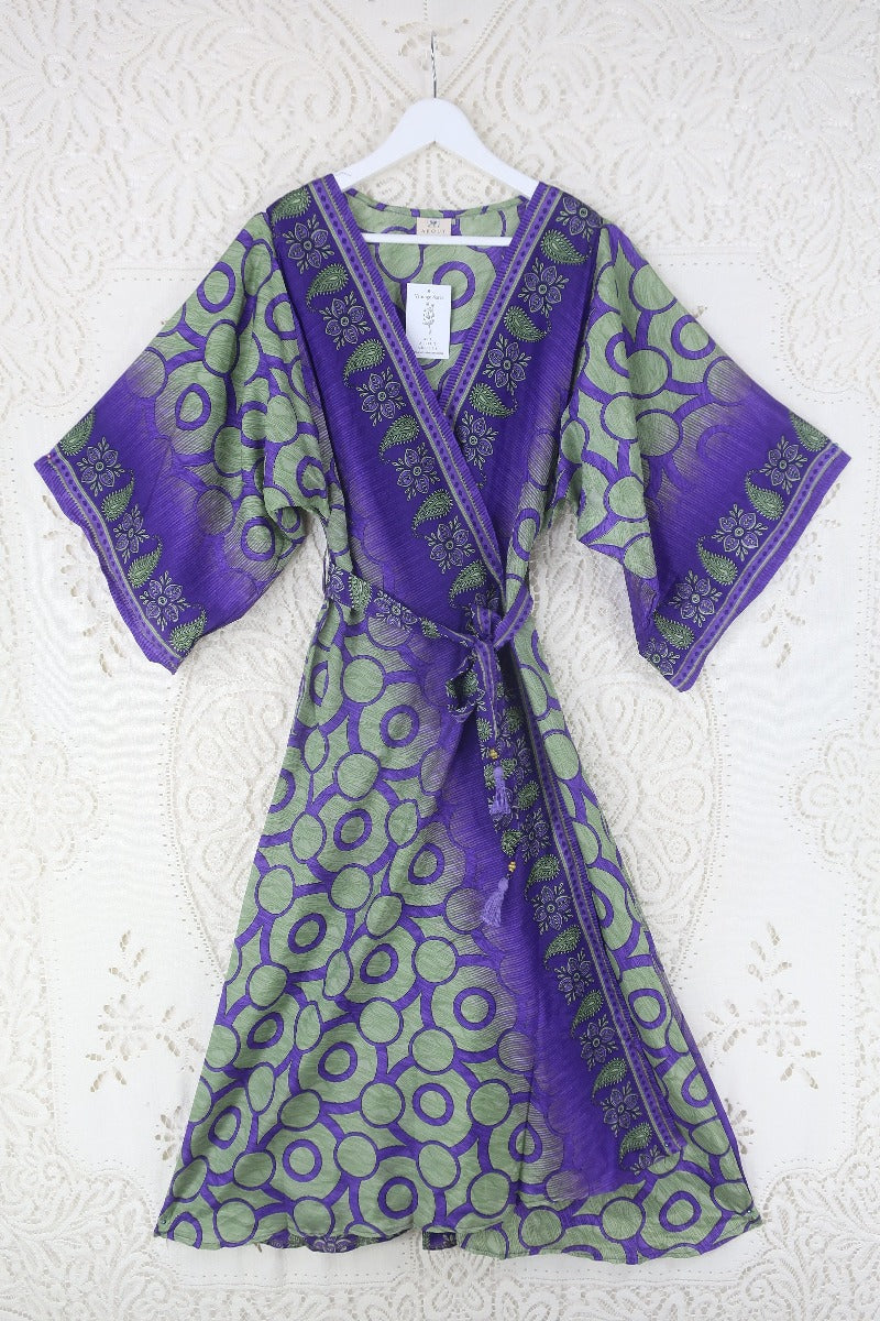 Aquaria Kimono Dress - Vintage Sari - Deep Purple & Sage Abstract Paisley - S By All About Audrey