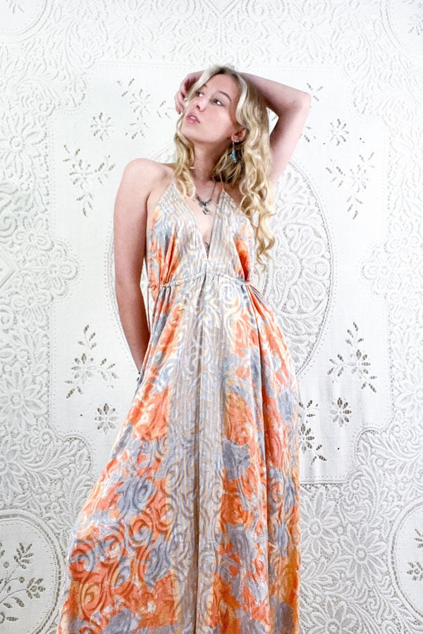 Eden Halter Maxi Dress - Vintage Sari - Peach Blush & Stone Jacquard - Free Size M/L By All About Audrey