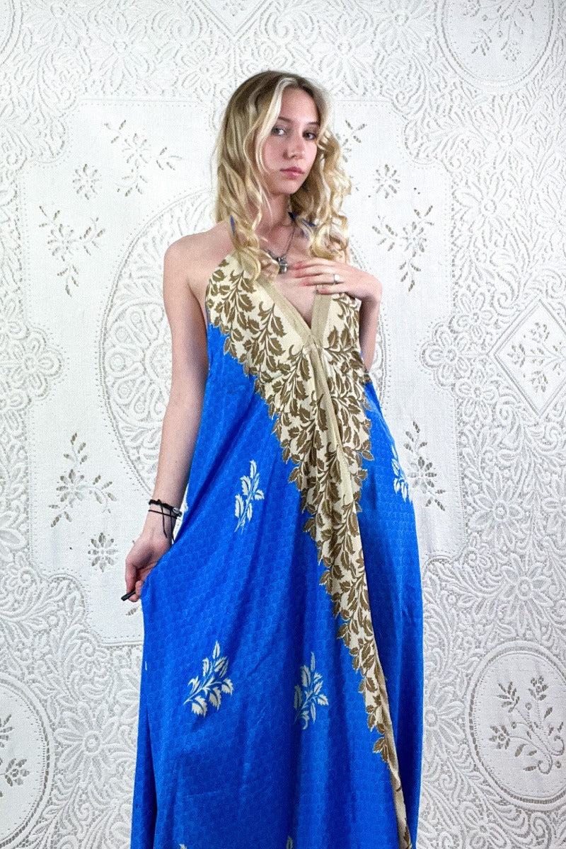 Eden Halter Maxi Dress - Vintage Sari -  Majorelle Blue & Beige Leaf Print - Free Size S/M By All About Audrey