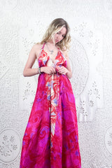 Eden Halter Maxi Dress - Vintage Sari - Magenta & Deep Coral Abstract - Free Size M/L By All About Audrey