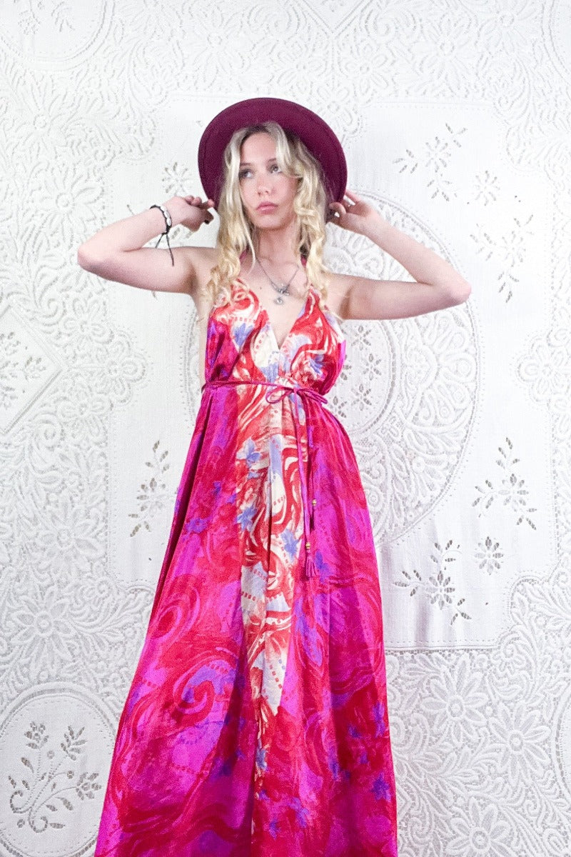 Halter Maxi Vintage Sari Magenta Coral Abstract M/L | All About Audrey All About Audrey Vintage Boutique Halter Maxi Vintage Sari Magenta Coral Abstract M/L | All About Audrey All About Audrey Vintage Boutique